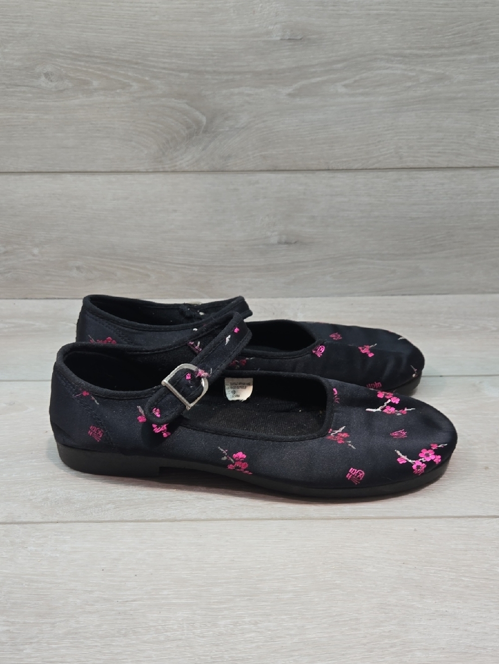 Vintage TUK Women Satin Mary Jane Flats Clog Pink Floral Embroidery Sz 10 Shoes